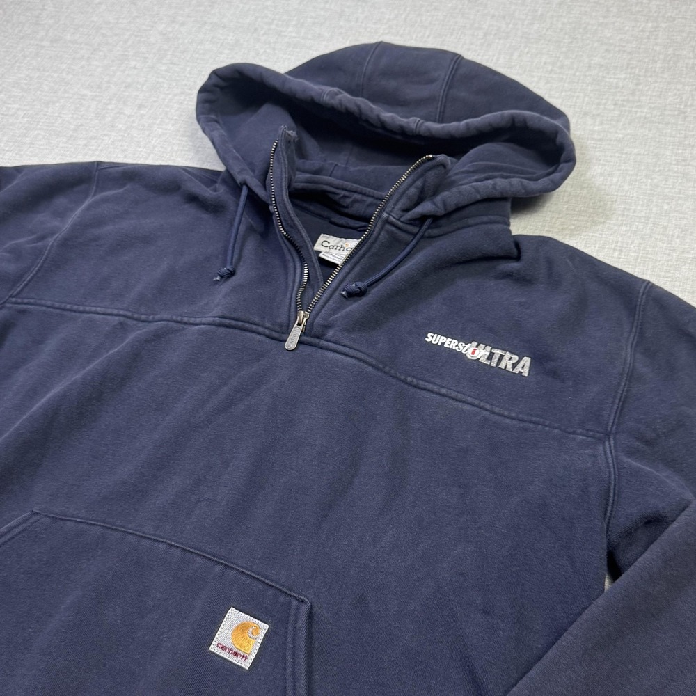 Carhartt 1/4 Zip Pullover Hoodie Mens XL Blue Fleece Embroidered Logo Drawstring